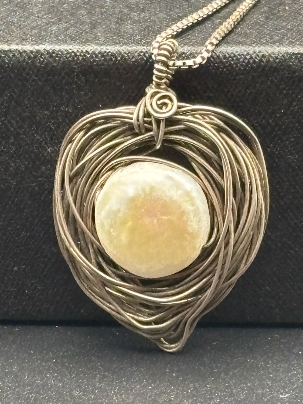 Sterling Wire Heart Pendant Necklace with Pearl Accent